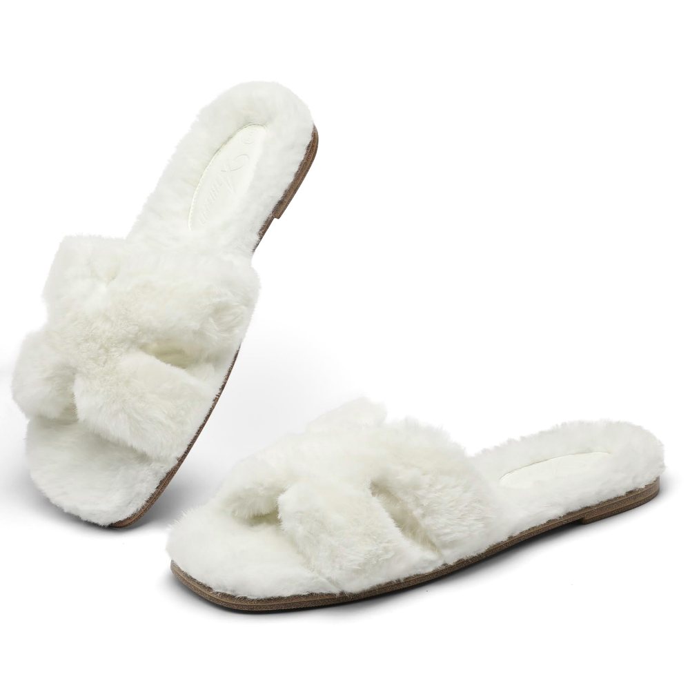 Athlefit Fuzzy Crossband Slide Slipper in White
