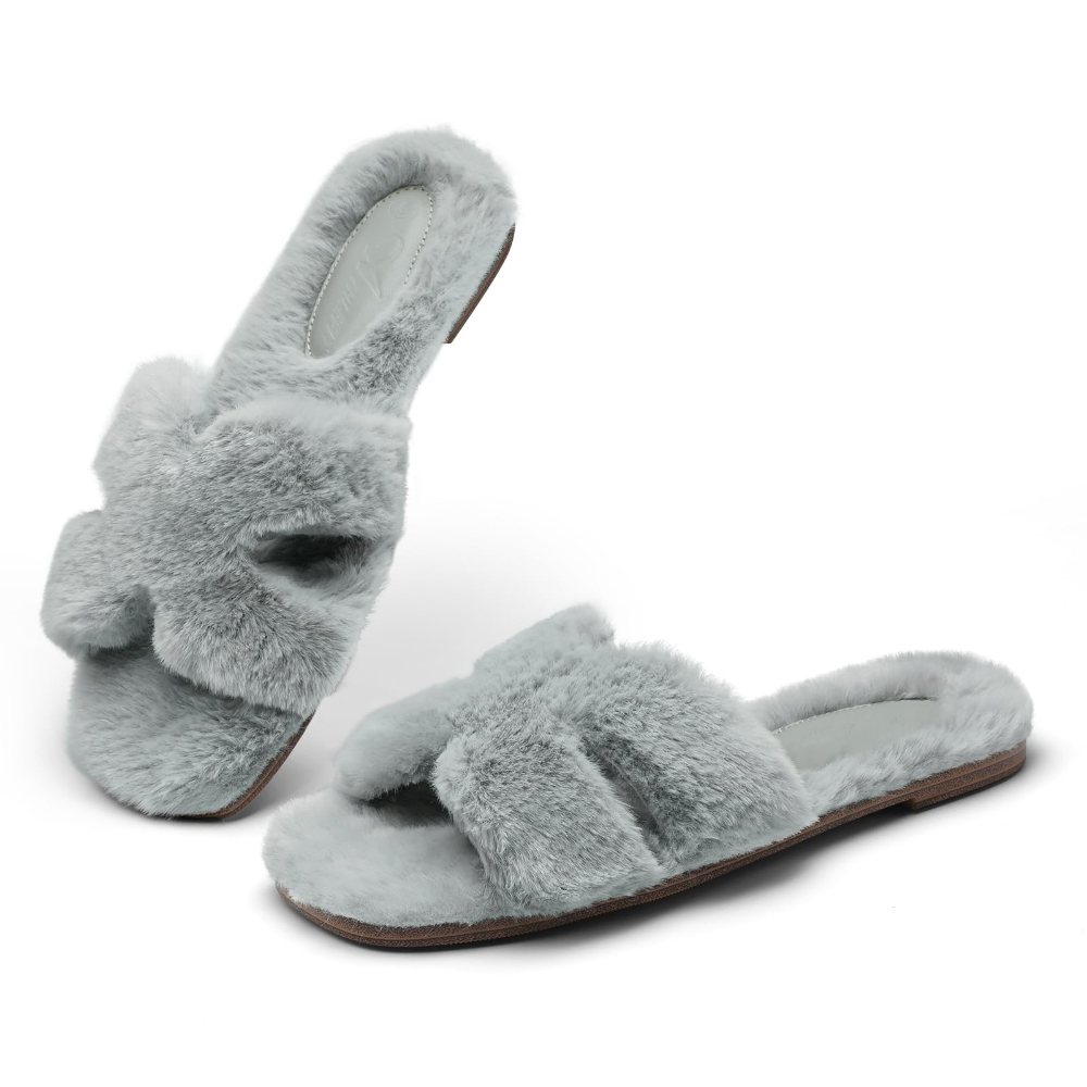 Athlefit Fuzzy Crossband Slide Slipper in Grey