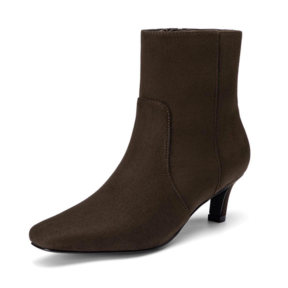 Athlefit Square Toe Kitten Heel Bootie in Brown Suede