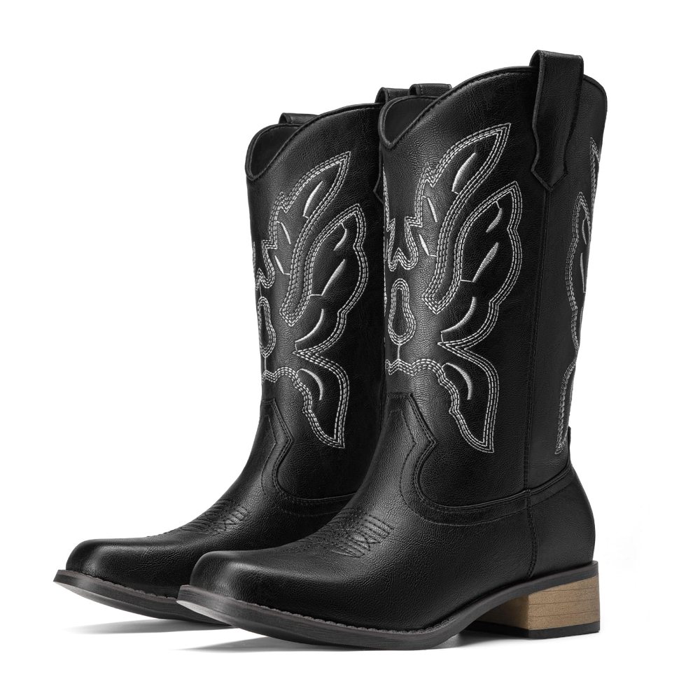 Athlefit Stitched Square Toe Cowgirl Boot in Black