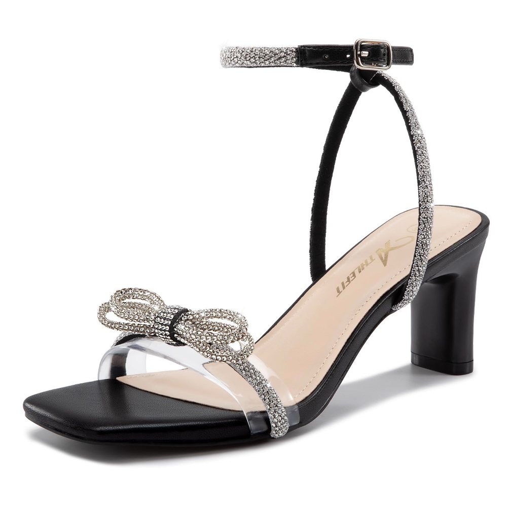Athlefit Rhinestone Bow Block Heel Sandal in Black