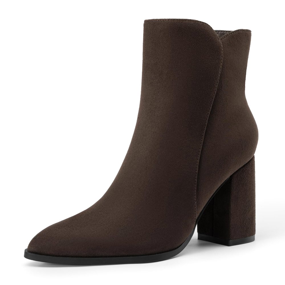 Athlefit Pointed Toe High Block Heel Bootie in Chocolate Suede