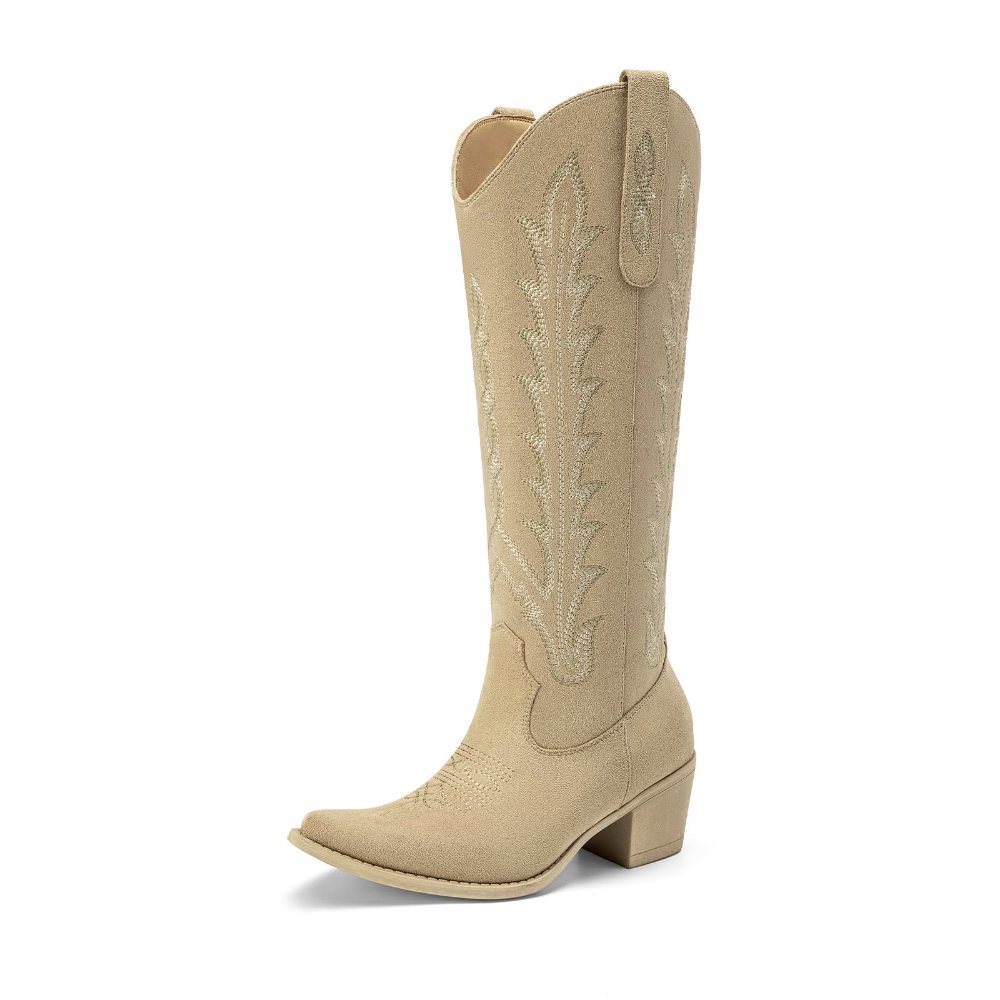 Athlefit Square Toe Tall Cowboy Boot in Camel Suede