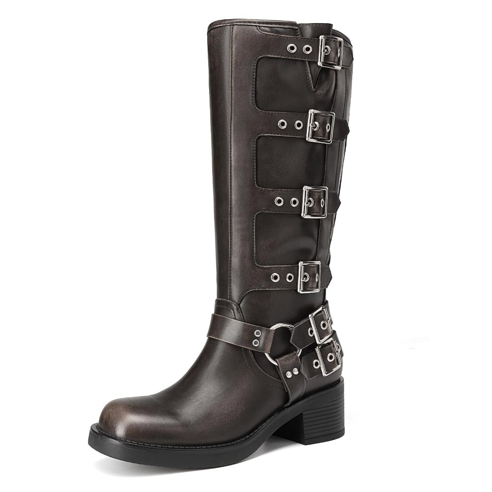 Athlefit Buckle Moto Knee-High Boot in Dark Brown