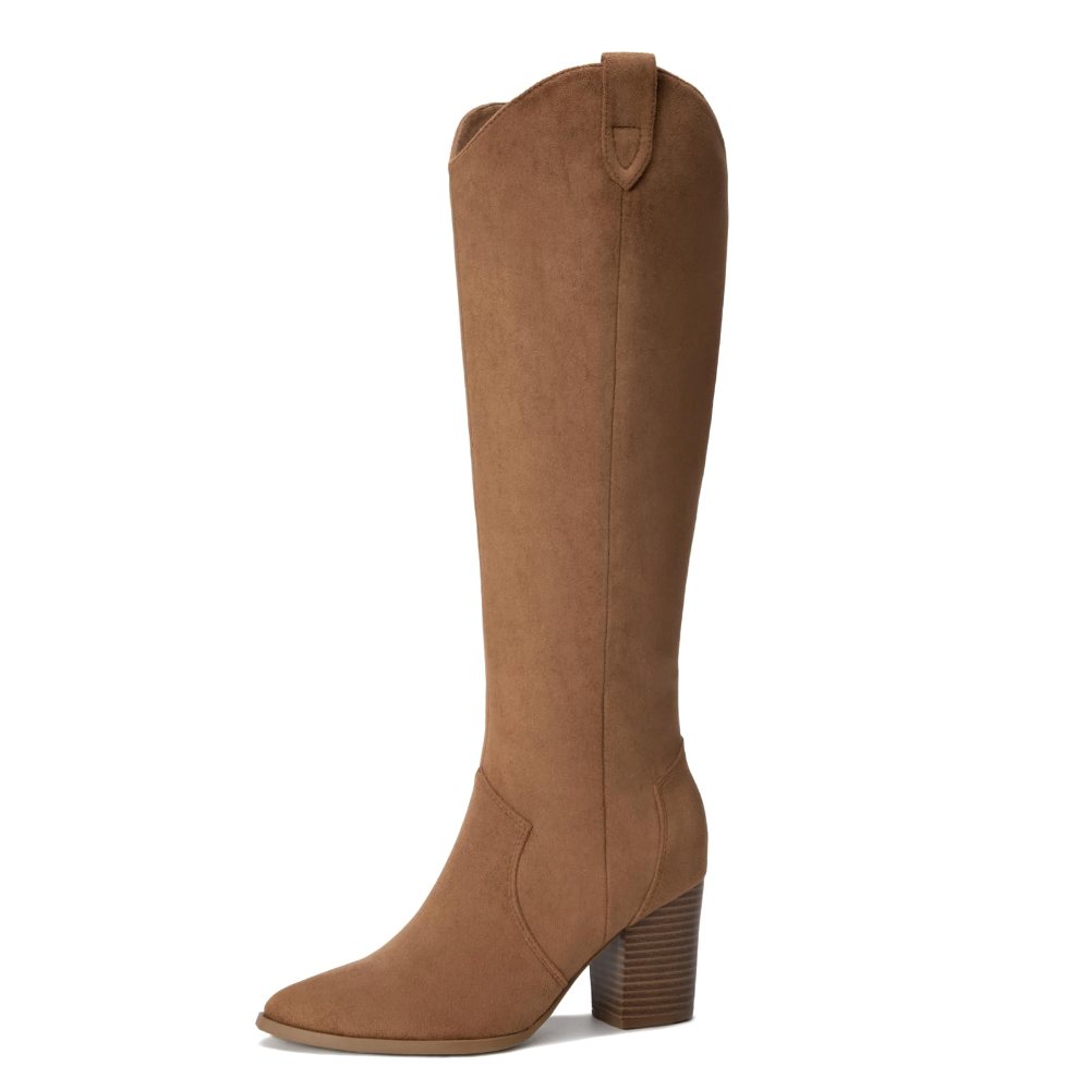 Athlefit Pointed Toe Suede Knee-High Boot in Light Brown Suede