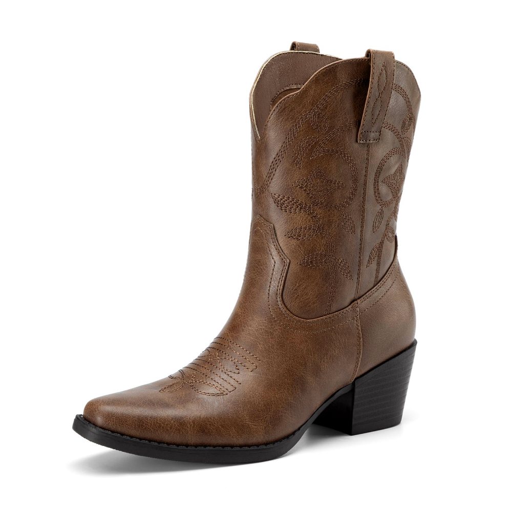 Athlefit Square Toe Chunky Heel Cowboy Boot in Brown