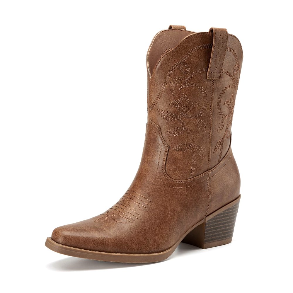 Athlefit Square Toe Chunky Heel Cowboy Boot in Tan