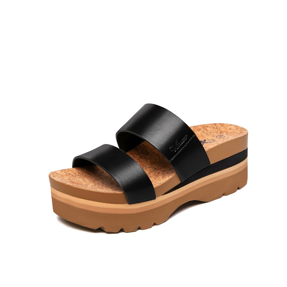 Athlefit Two Band Low Wedge Sandal in Black