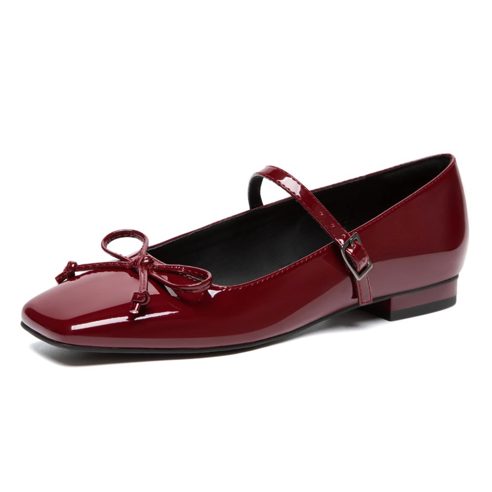 Athlefit Square Toe Bow Mary Jane Flat in Wine Red