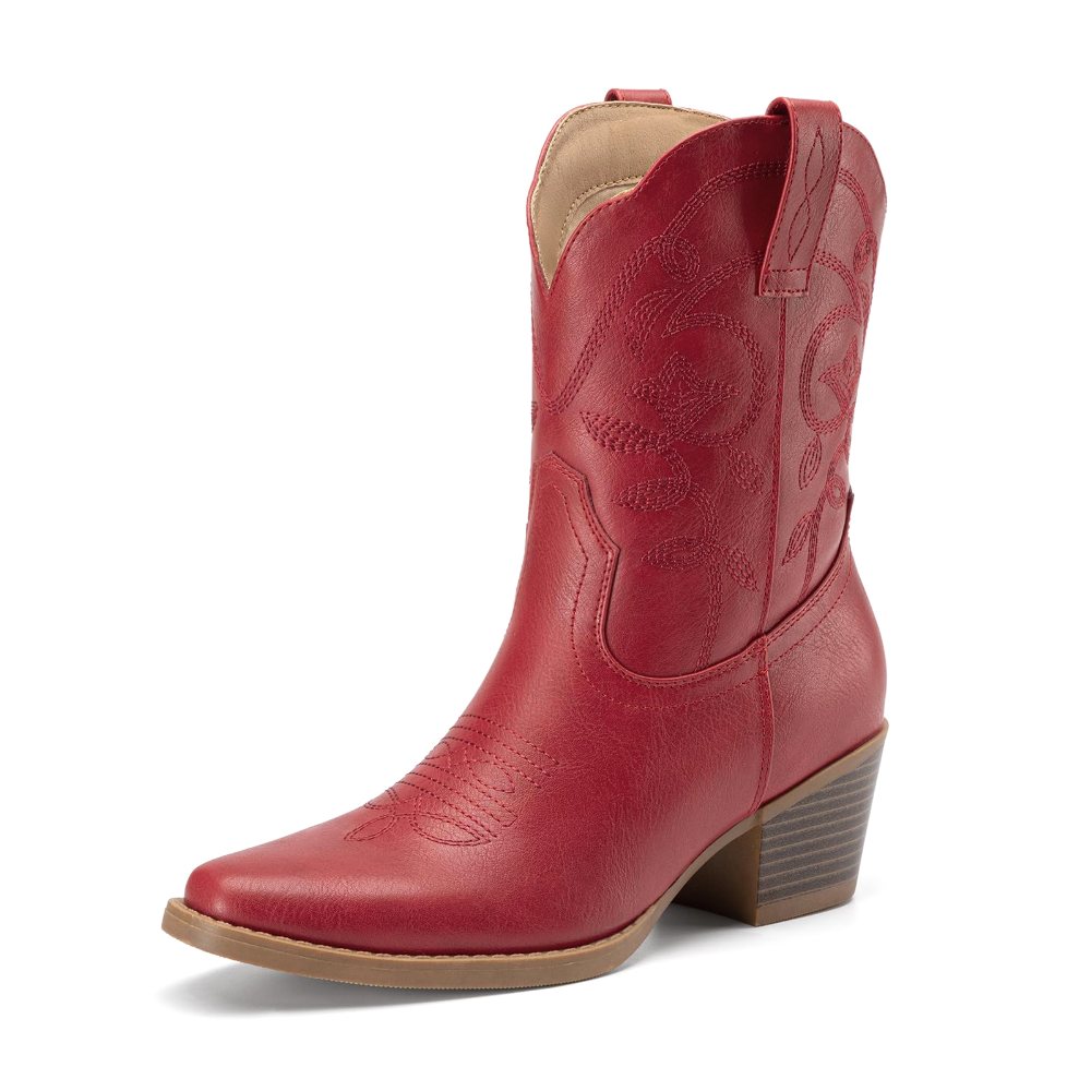 Athlefit Square Toe Chunky Heel Cowboy Boot in Red