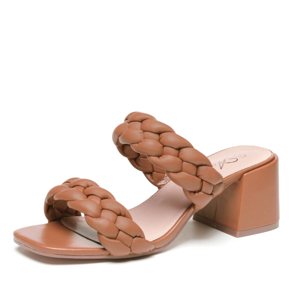 Athlefit Braided Low Block Heel Sandal in Tan