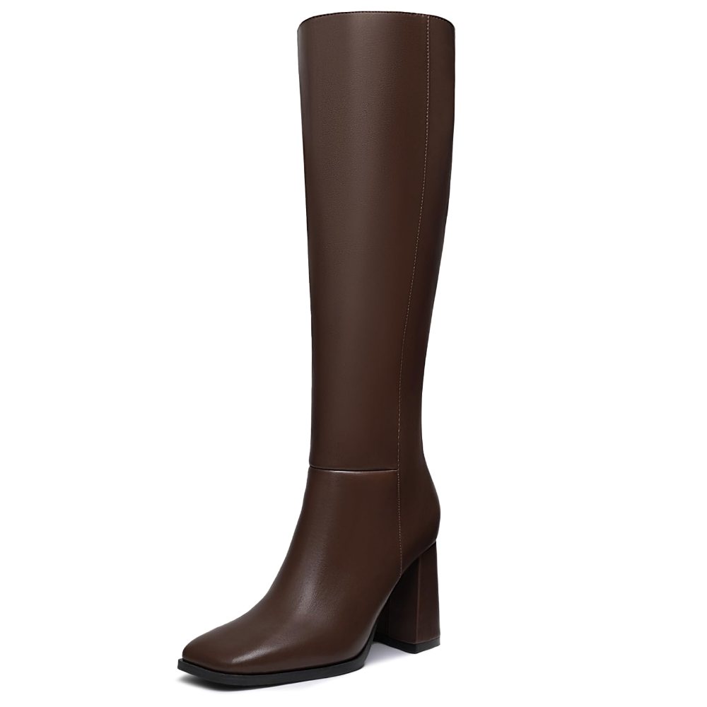 Athlefit Square Toe Block Heel Knee-High Boot in Brown