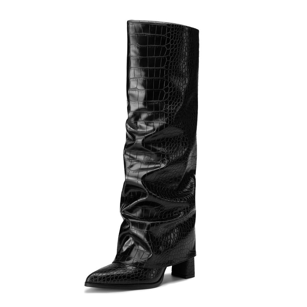 Athlefit Chunky Fold-Over Tall Boot in Black Croco