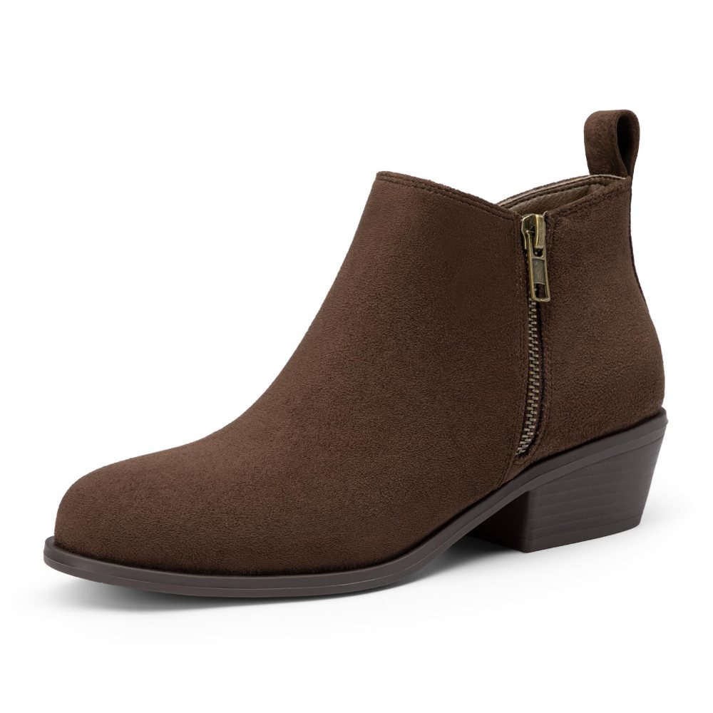 Athlefit Side Zip Low Heel Ankle Boot in Brown Suede