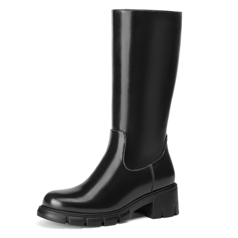 Athlefit Girls' Block Heel Knee-High Boot in Black PU