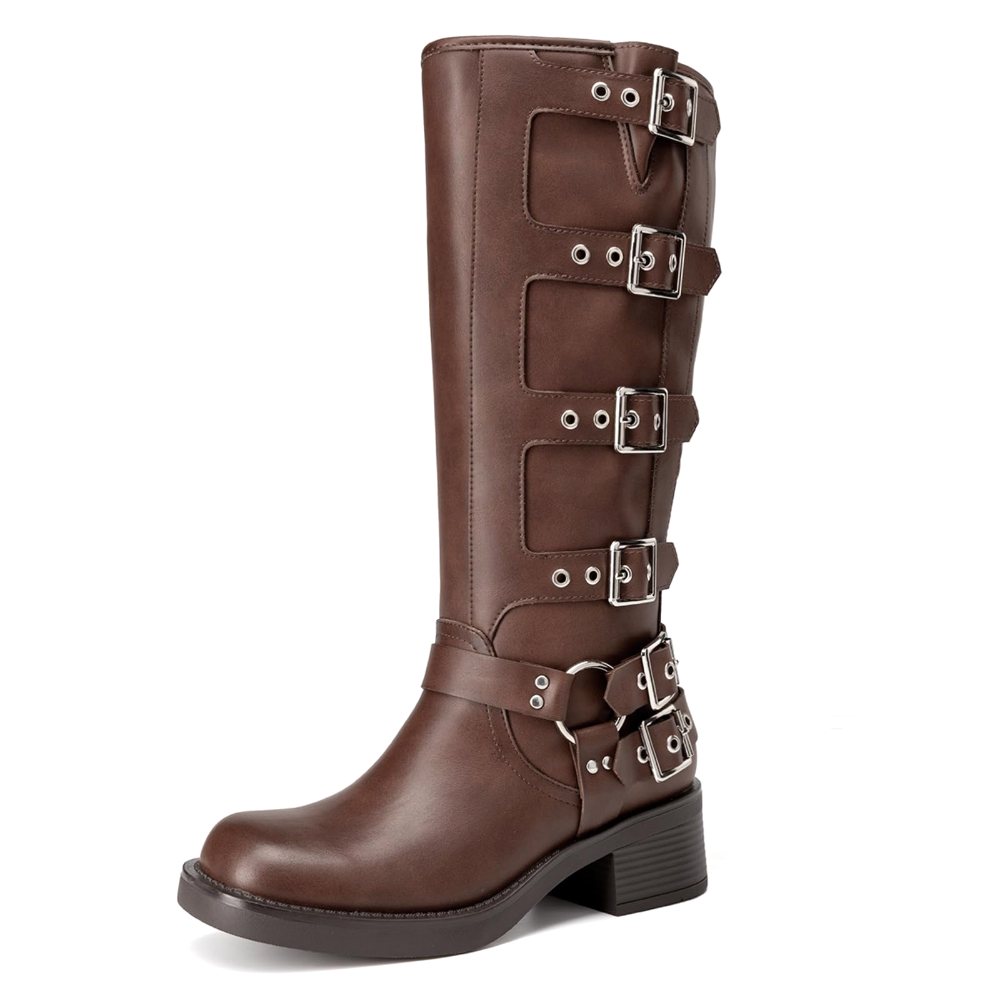 Athlefit Buckle Moto Knee-High Boot in Tan