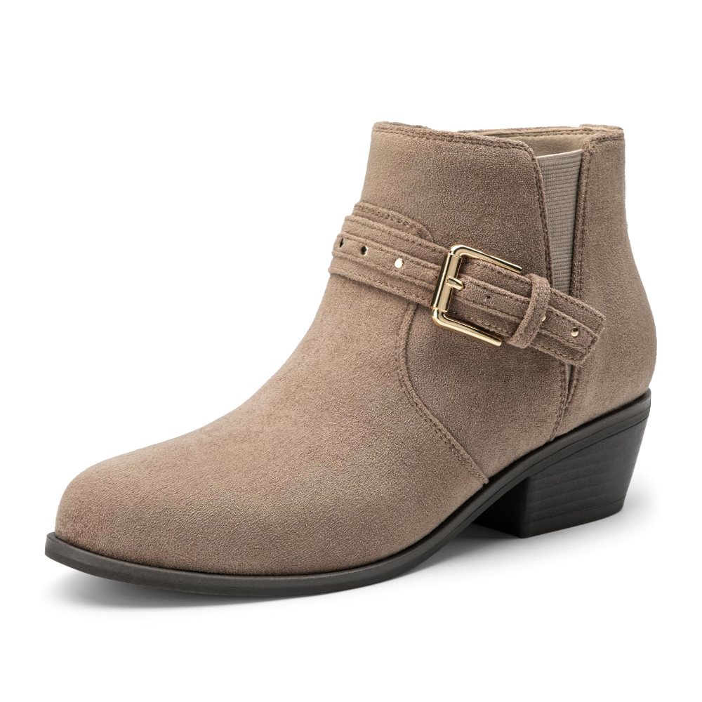 Athlefit Buckle Strap Almond Toe Bootie in Sand Suede