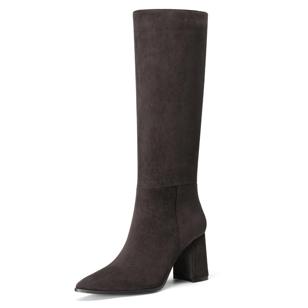 Athlefit Pointed Toe Block Heel Tall Boot in Chocolate Suede