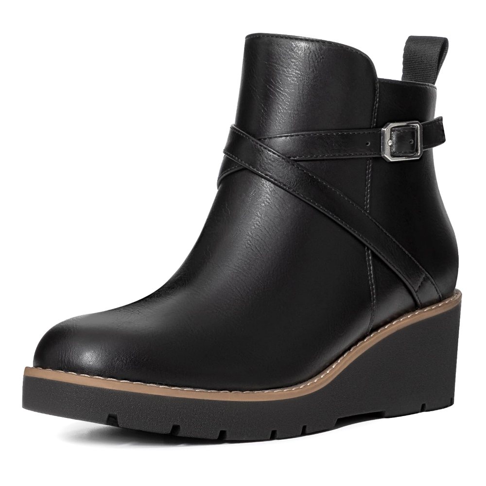 Athlefit Buckle Lug Sole Wedge Bootie in Black