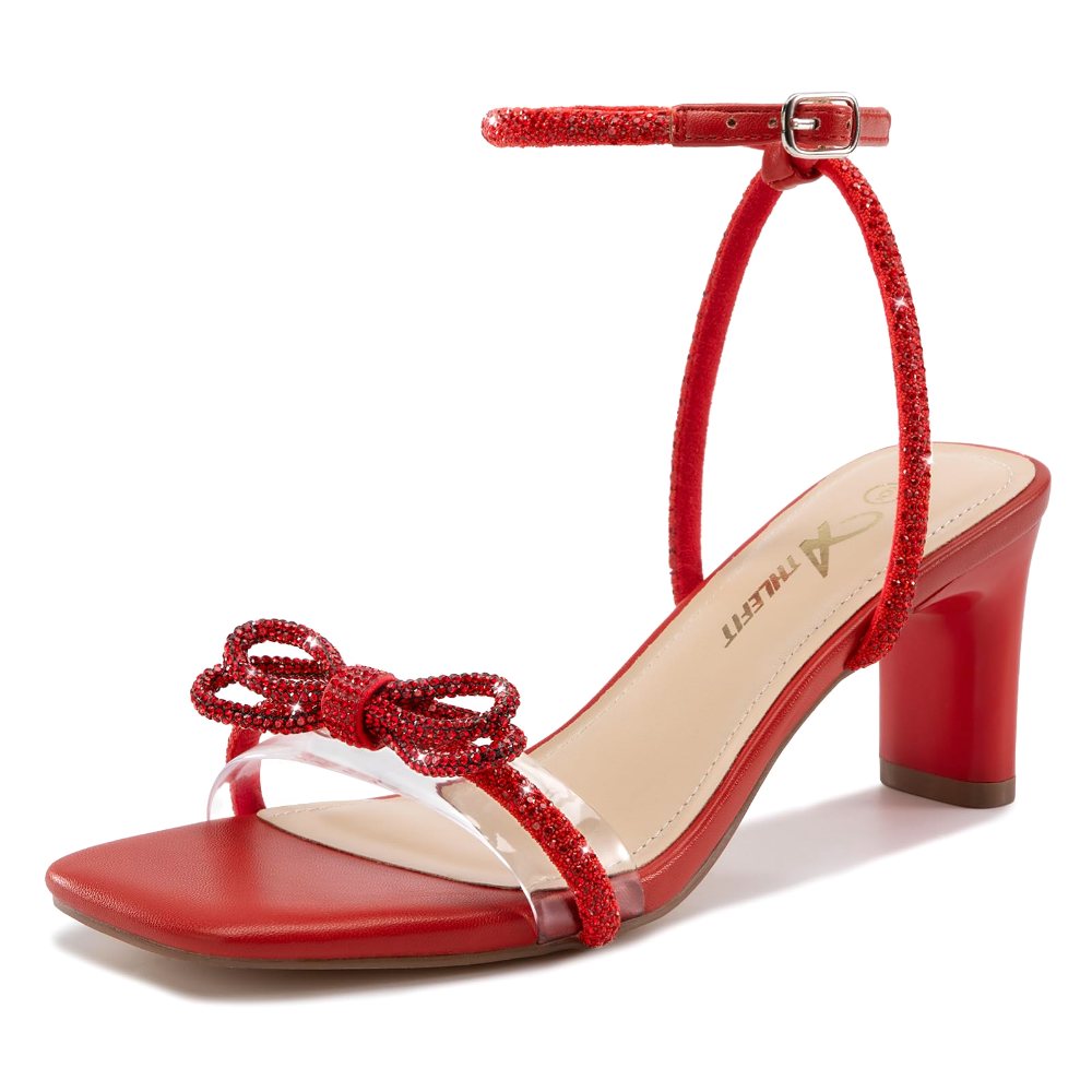 Athlefit Rhinestone Bow Block Heel Sandal in Red