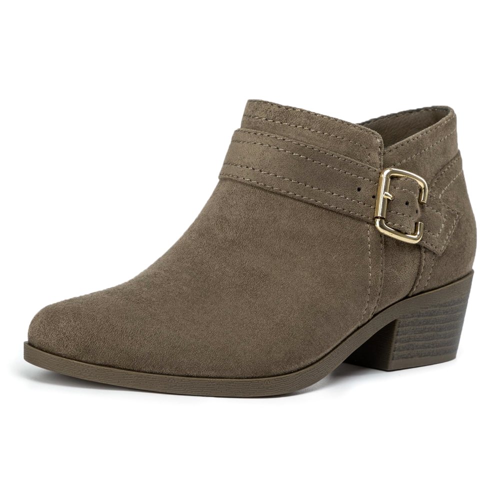 Athlefit Buckle Low Block Heel Bootie in Taupe Suede