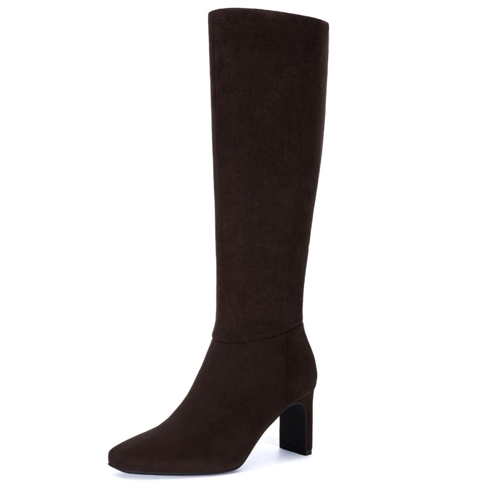 Athlefit Wide Calf Square Toe Knee-High Boot in Brown Suede