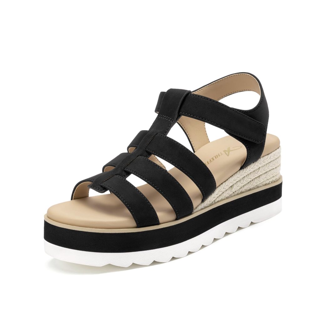 Athlefit Four Strap Espadrille Low Wedge in Black