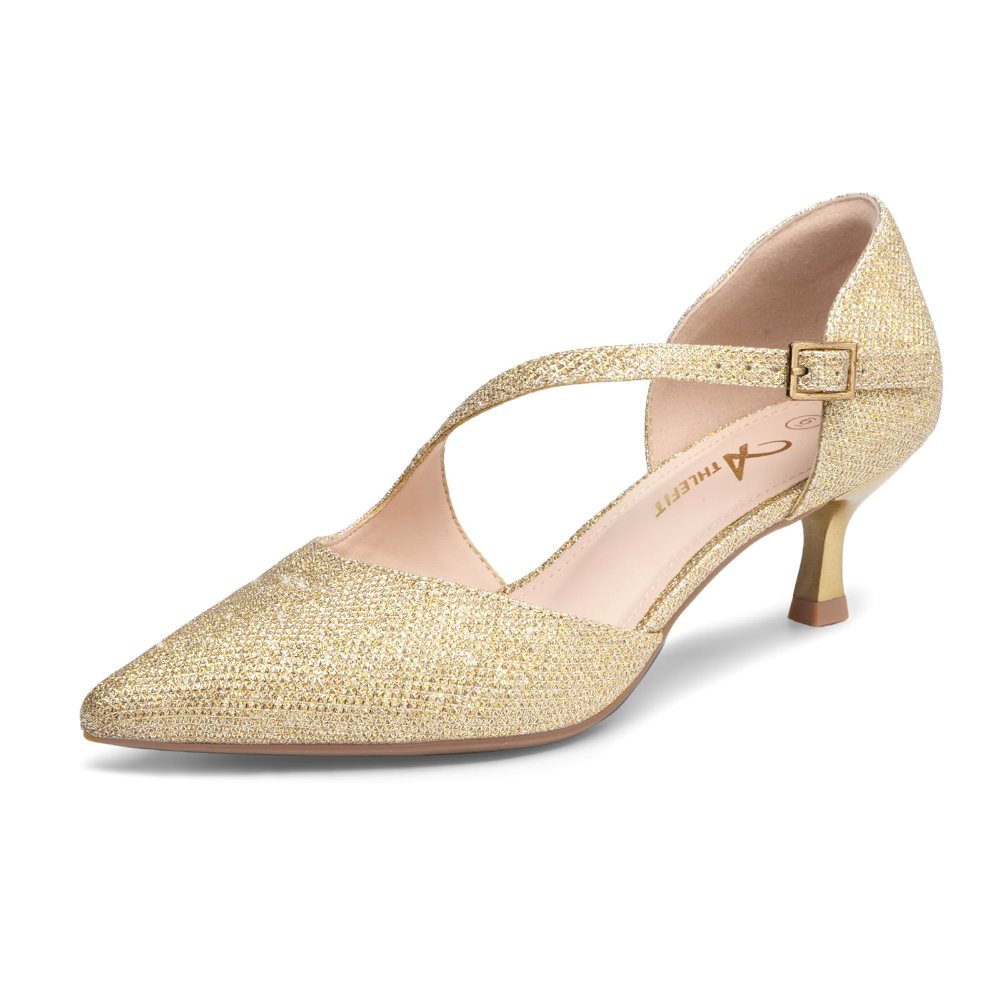 Athlefit Asymmetric Strap Kitten Heel Pump in Gold Glitter