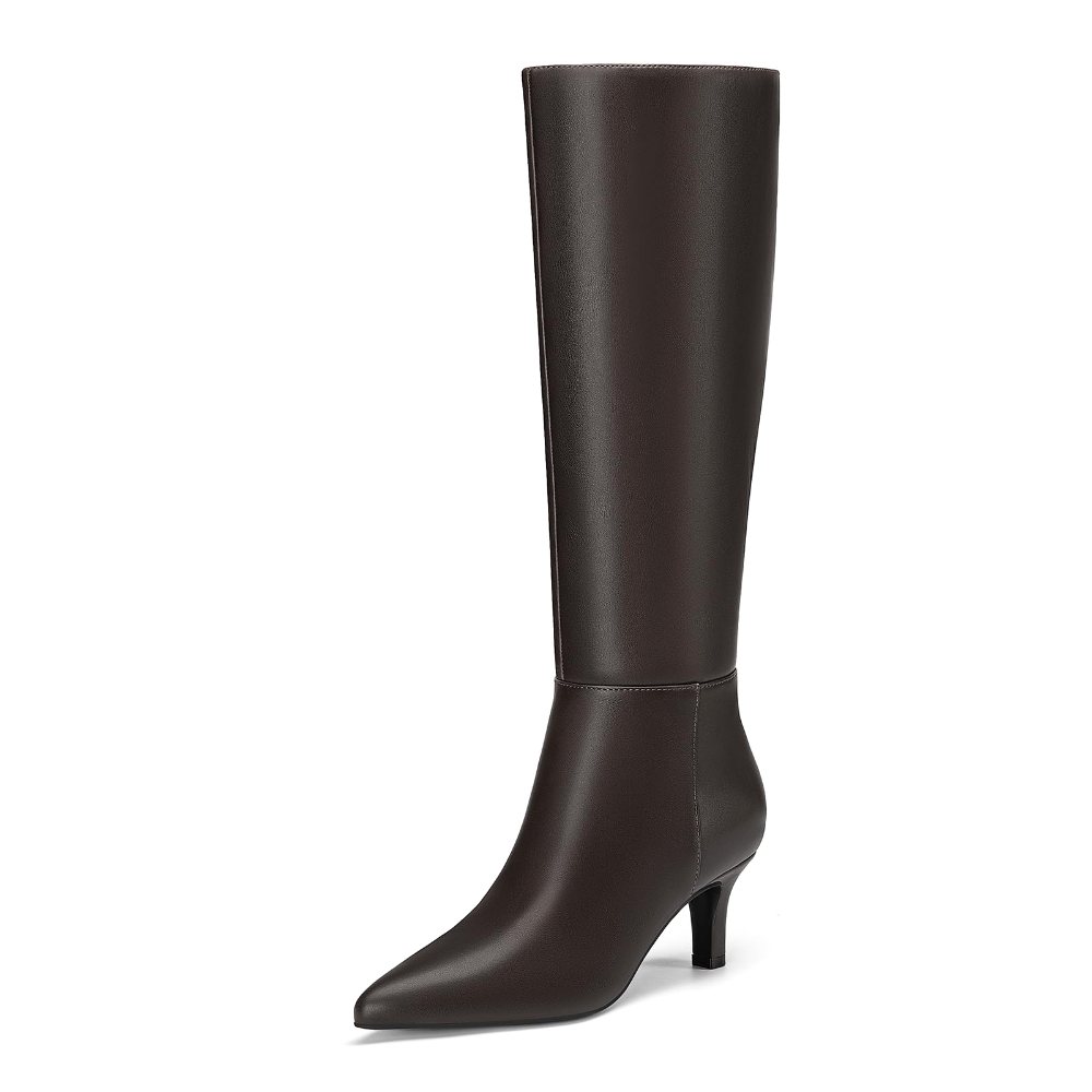 Athlefit Pointed Toe Kitten Heel Tall Boot in Chocolate