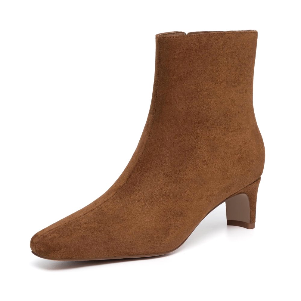 Athlefit Square Toe Block Heel Bootie in Brown Suede