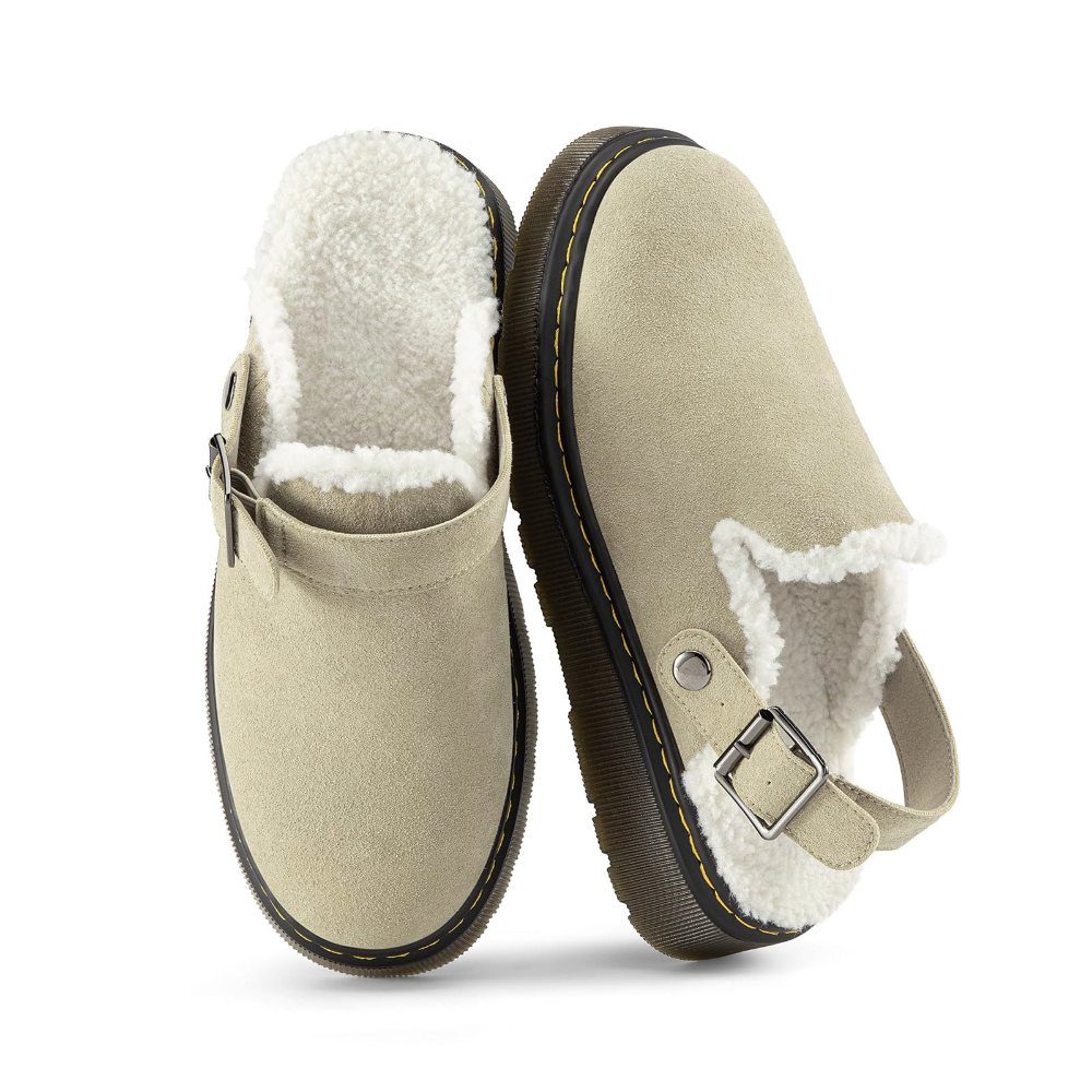 Athlefit Back Strap Suede Clog in Taupe Fuzzy Lined
