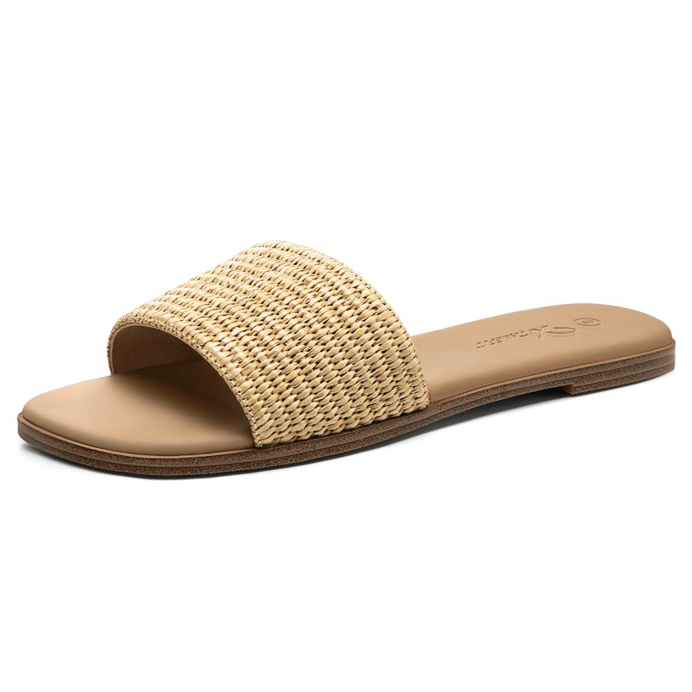 Athlefit Raffia Band Flat Slide in Tan Raffia