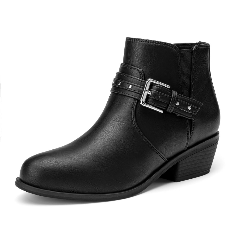 Athlefit Buckle Strap Almond Toe Bootie in Black