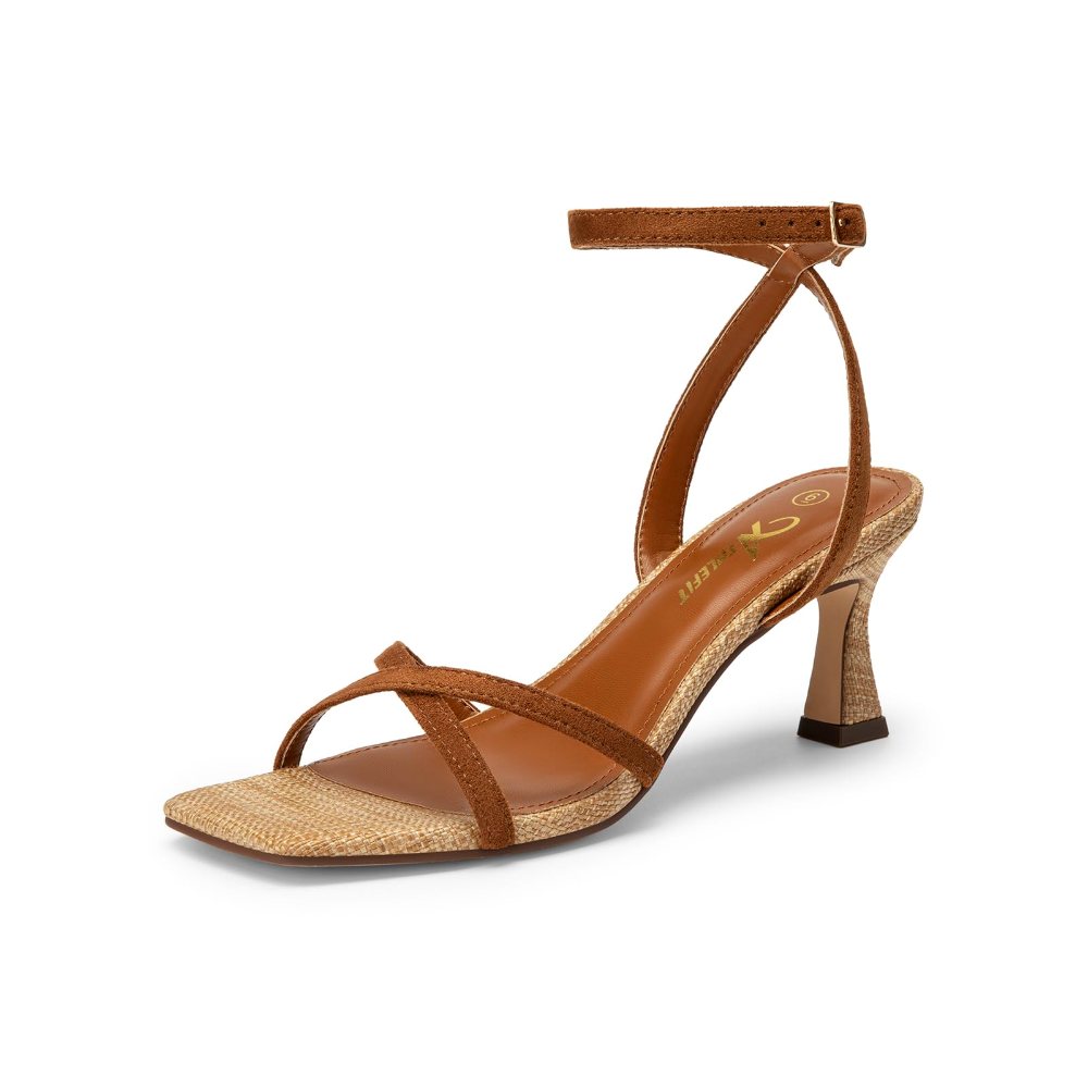 Athlefit Strappy Open Toe Kitten Heel in Brown Raffia
