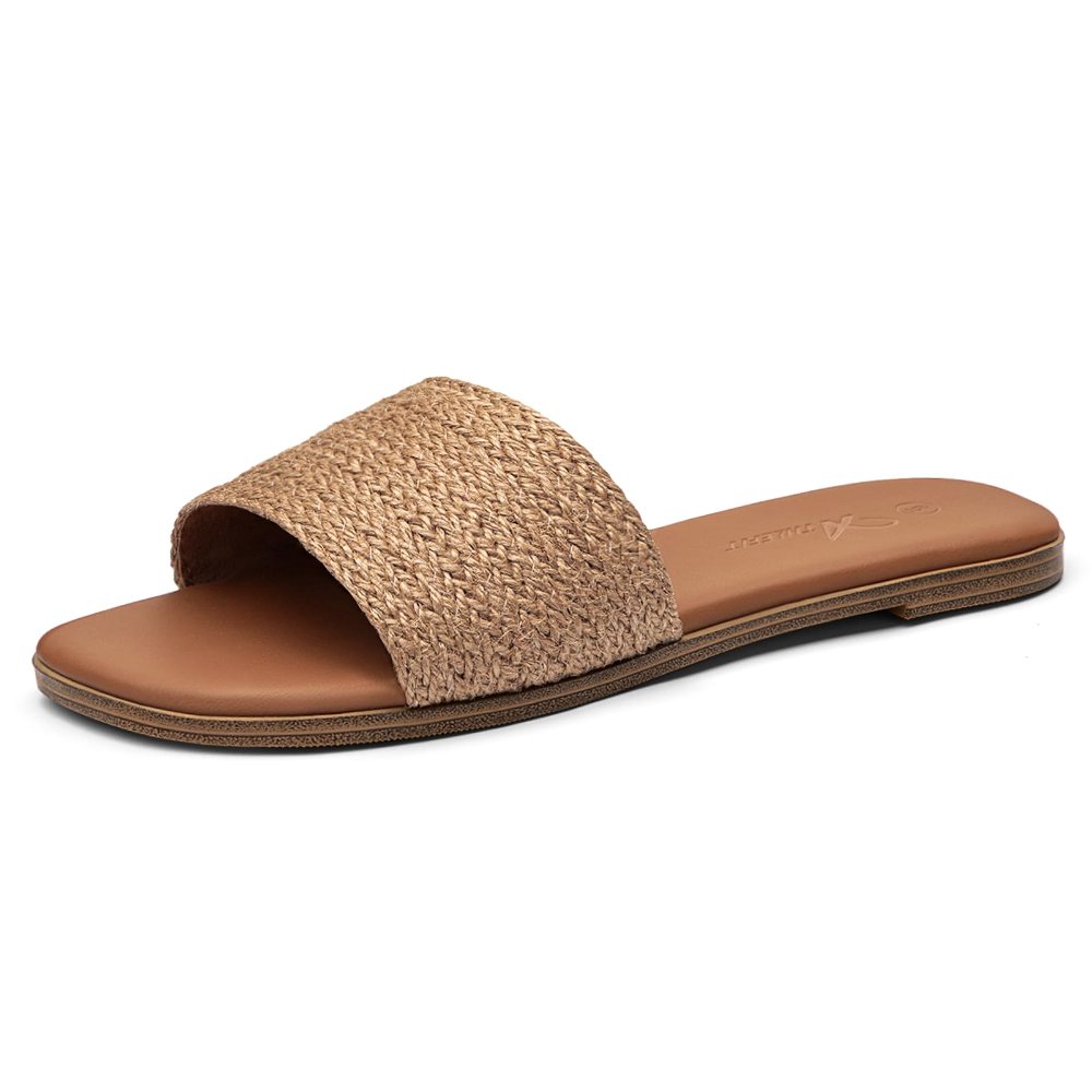 Athlefit Raffia Band Flat Slide in Brown Raffia