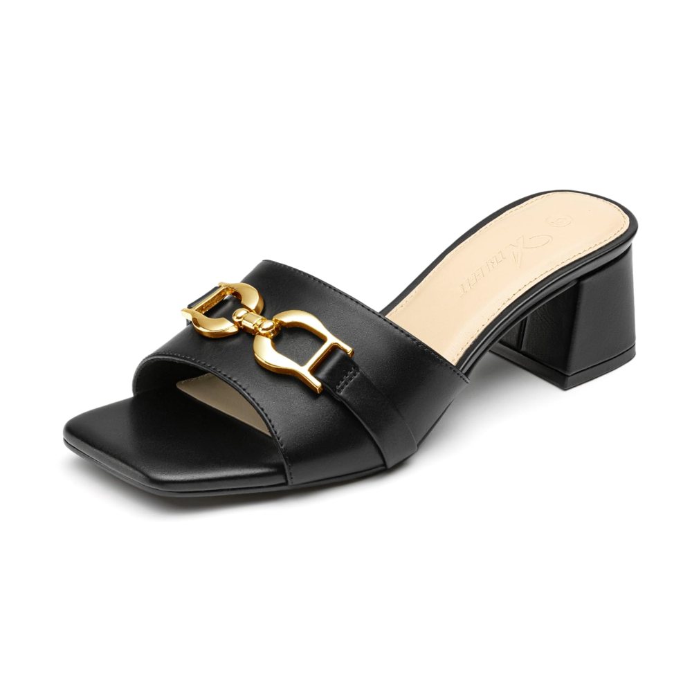 Athlefit Raffia Buckle Block Heel Mule in Black