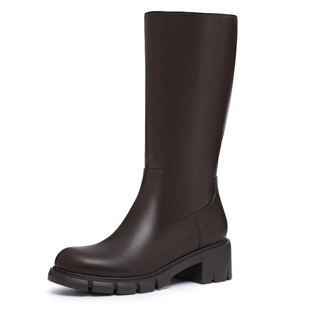 Athlefit Girls' Block Heel Knee-High Boot in Brown