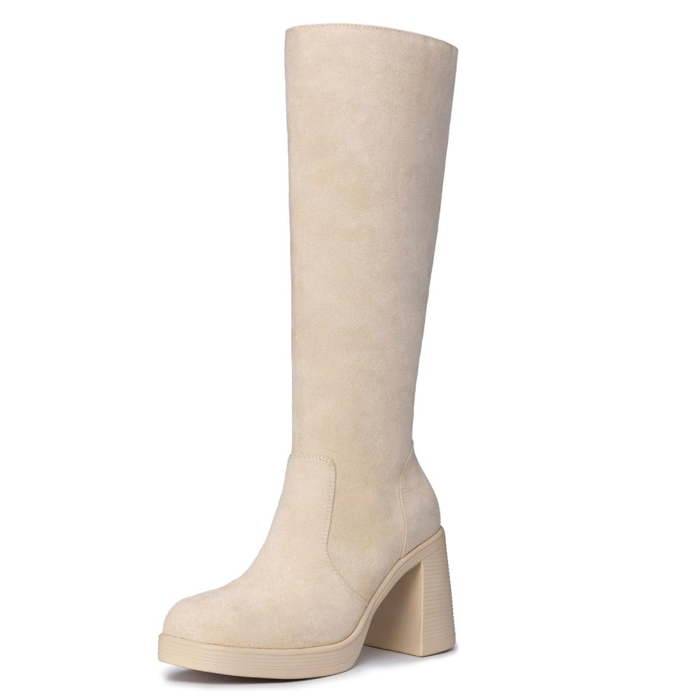 Athlefit Wide Calf Platform Knee-High Boot in Beige Suede