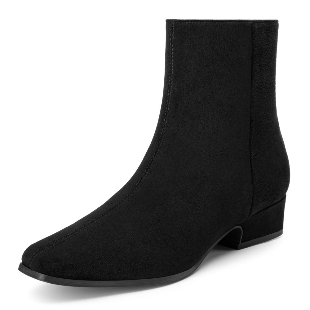 Athlefit Square Toe Short Block Heel Bootie in Black Suede
