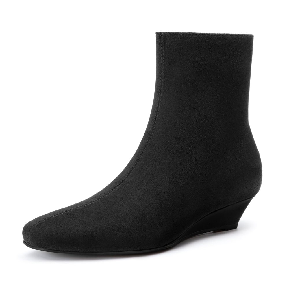 Athlefit Square Toe Wedge Bootie in Black Suede
