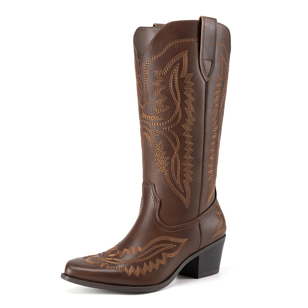 Athlefit Embroidered Square Toe Cowboy Boot in Brown