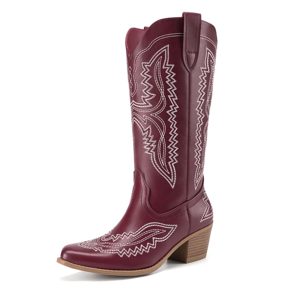 Athlefit Embroidered Square Toe Cowboy Boot in Red
