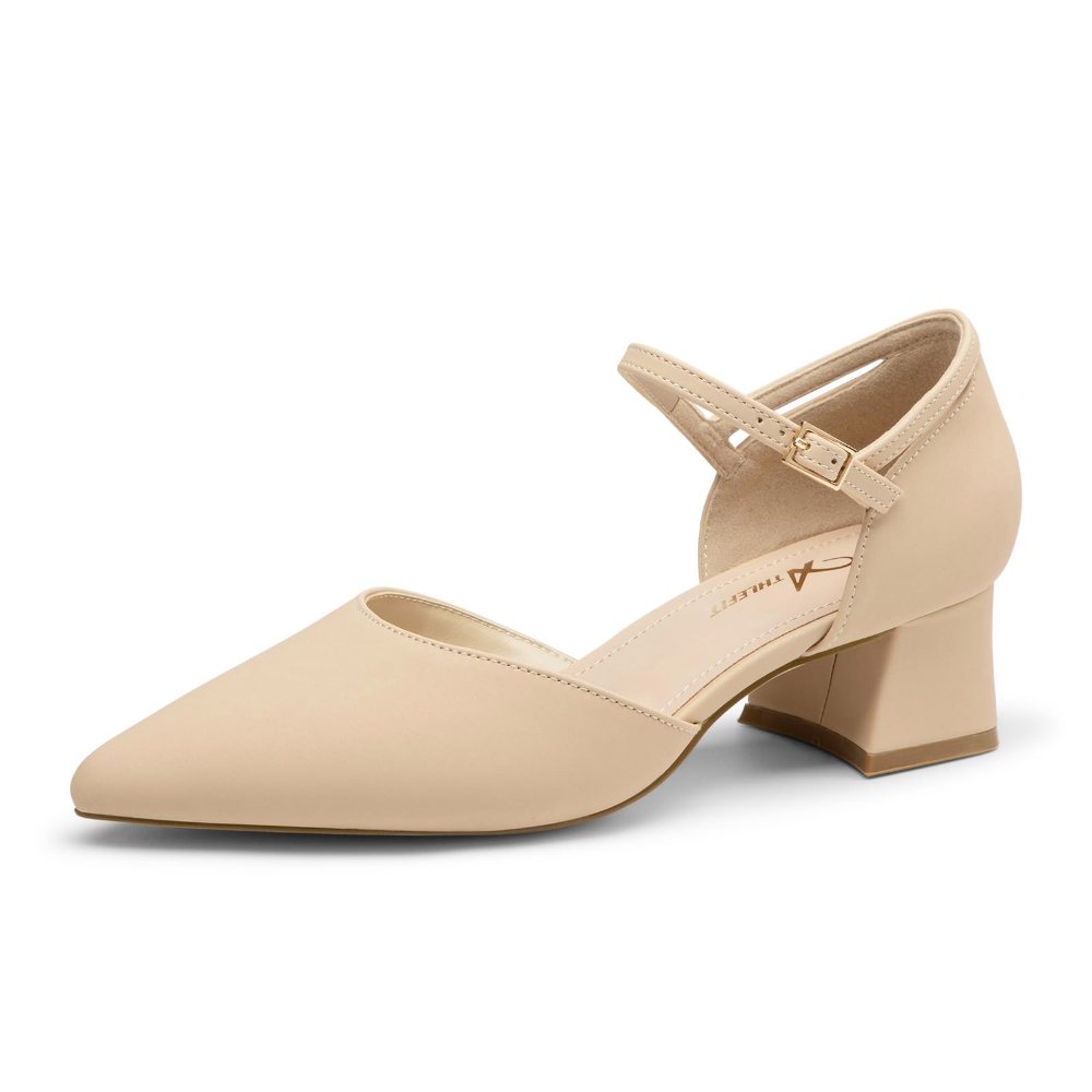 Athlefit Mary Jane Block Heel Pump in Nude Nubuck