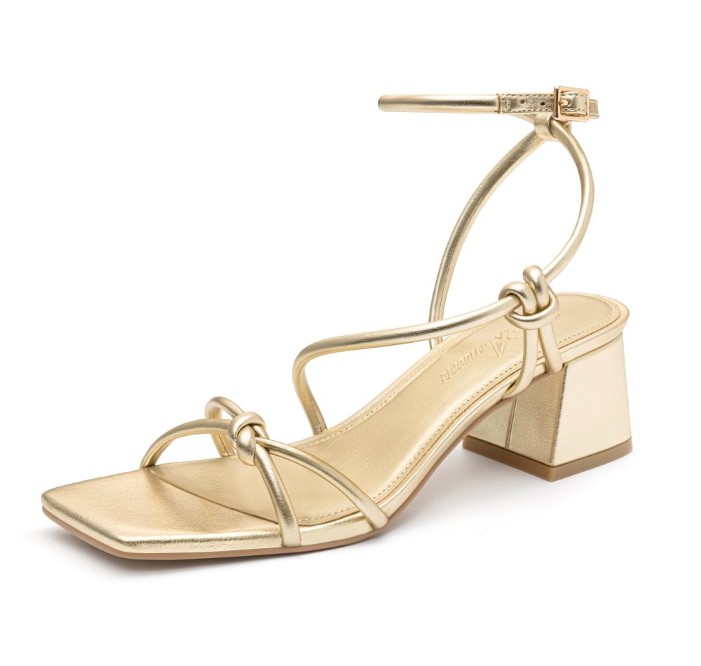 Athlefit Knotted Strap Block Heel Sandal in Gold