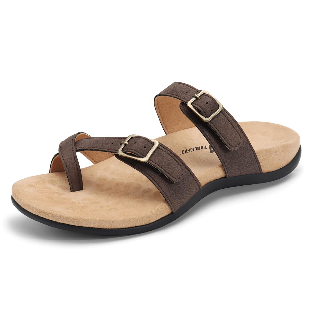 Athlefit Arch Support Buckle Toe Loop Sandal in Brown