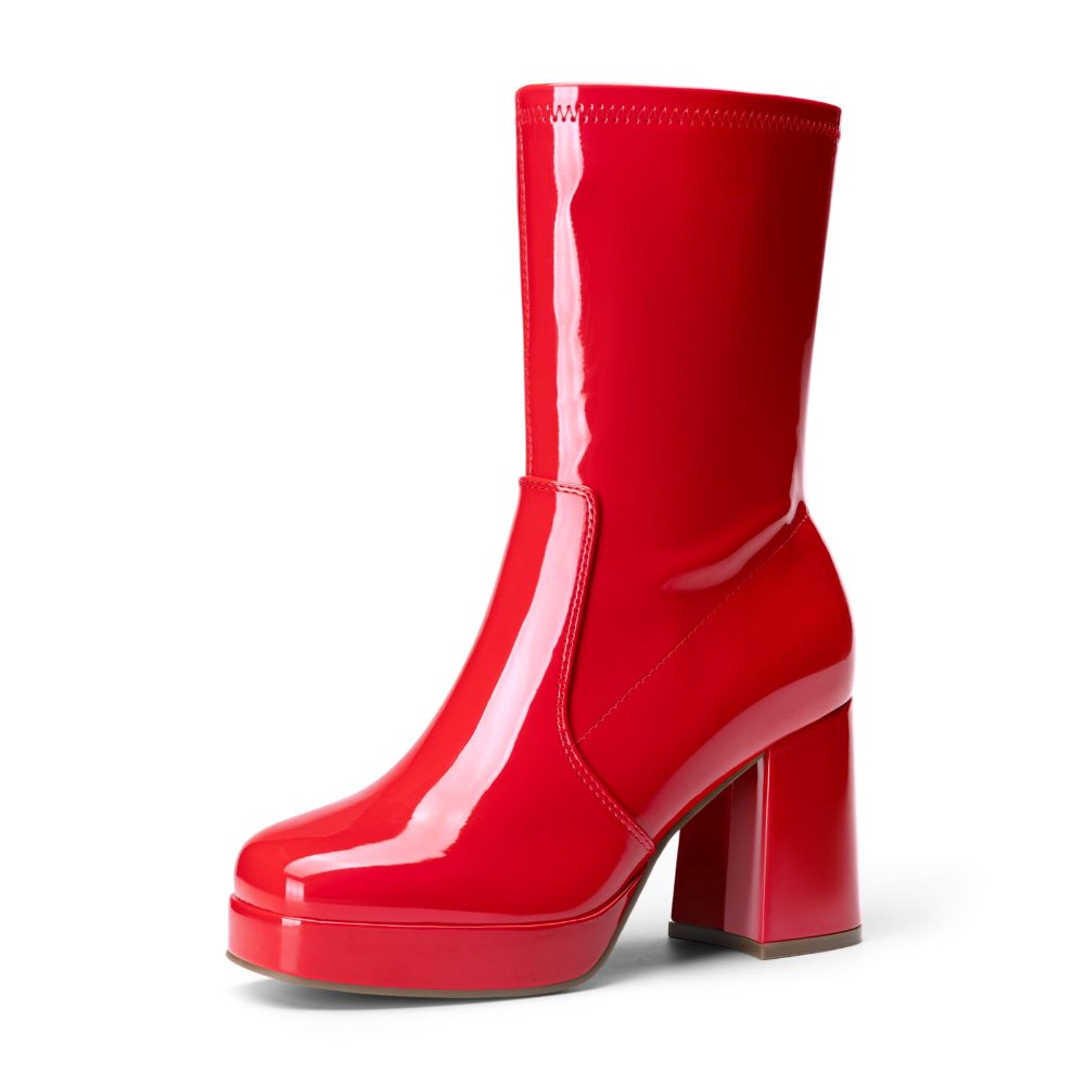 Athlefit Stretch Mid Calf Block Heel Boot in Red Patent