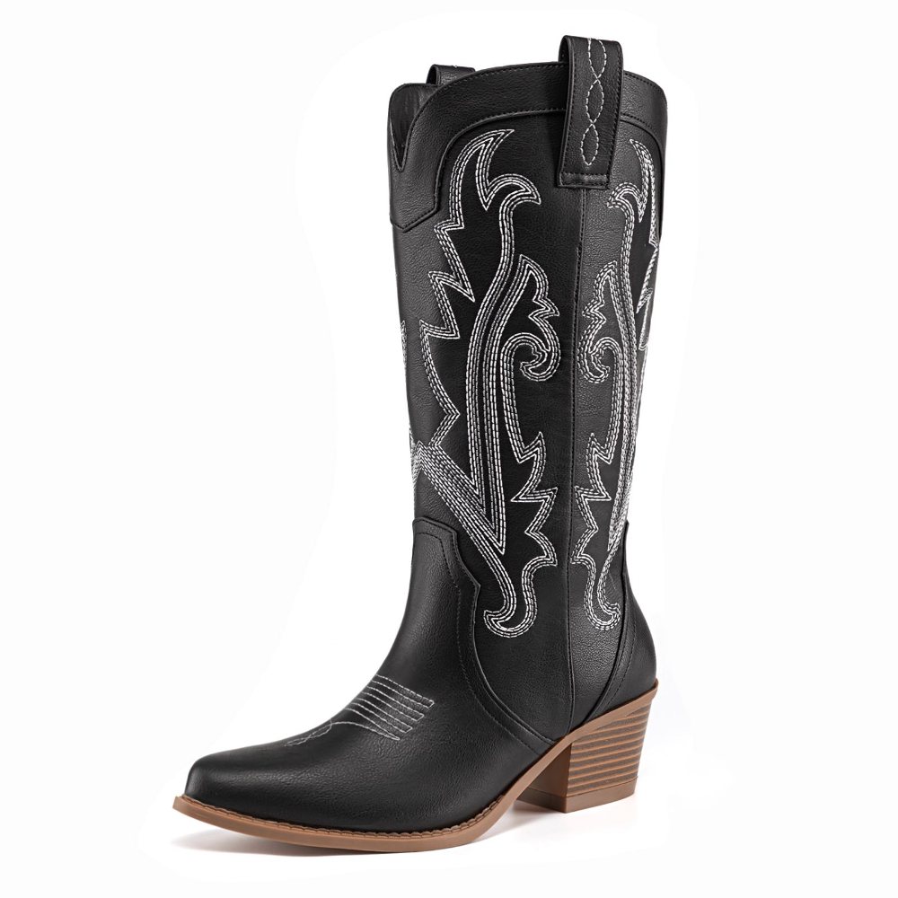 Athlefit Embroidered Pointed Toe Cowboy Boot in Black