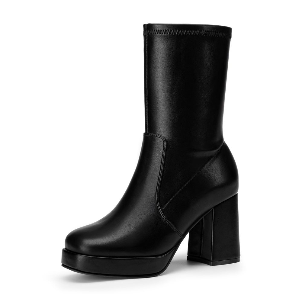 Athlefit Stretch Mid Calf Block Heel Boot in Black
