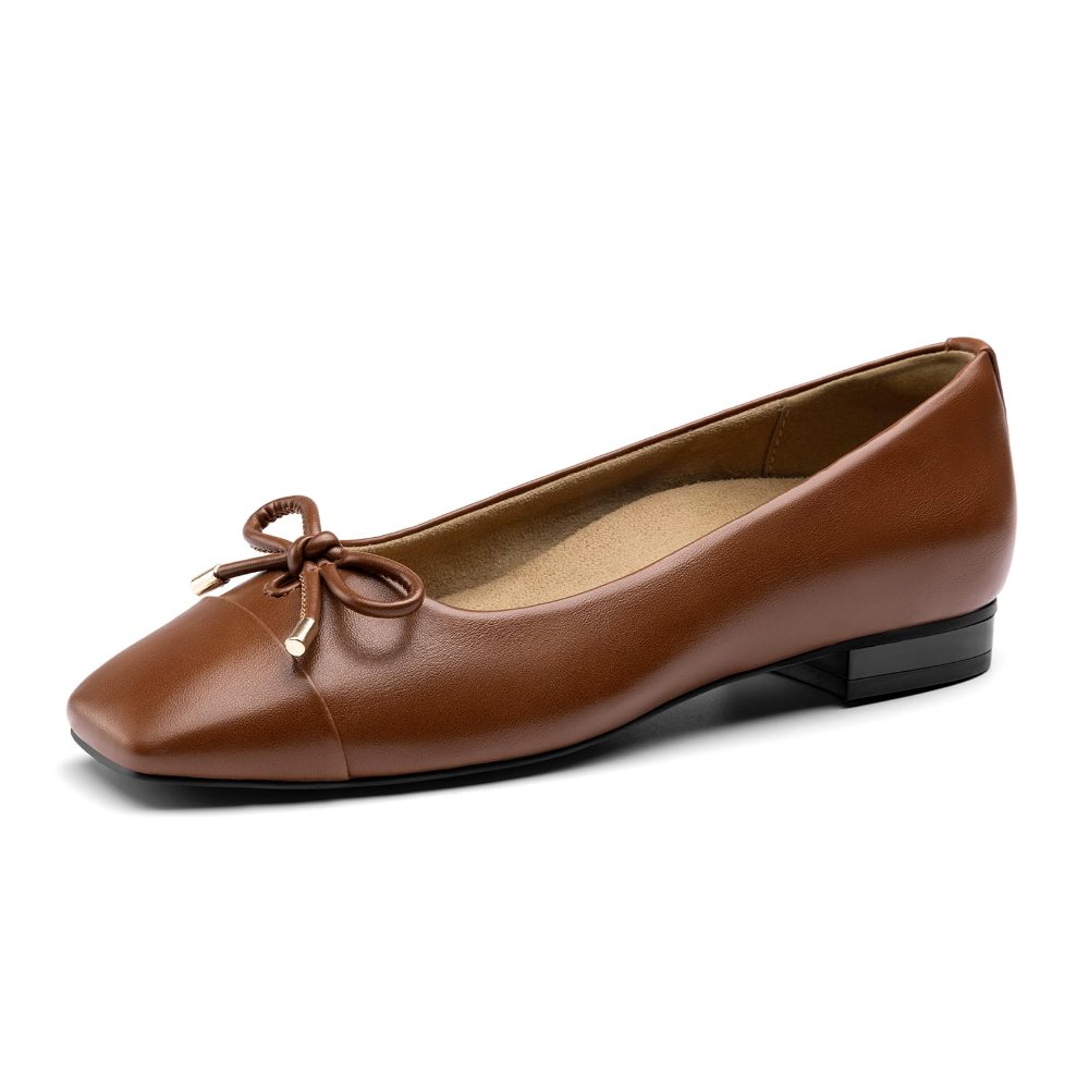 Athlefit Square Toe Bow Ballet Flat in Tan