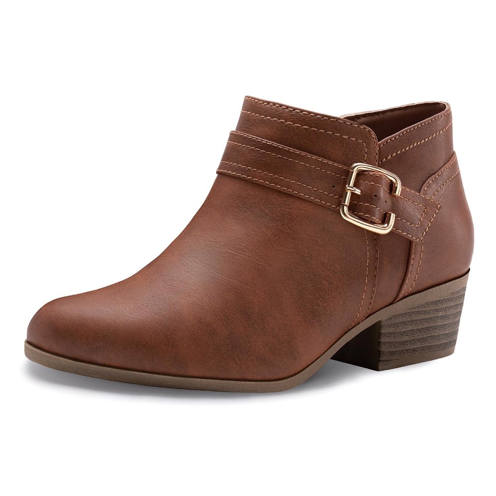 Athlefit Buckle Low Block Heel Bootie in Brown